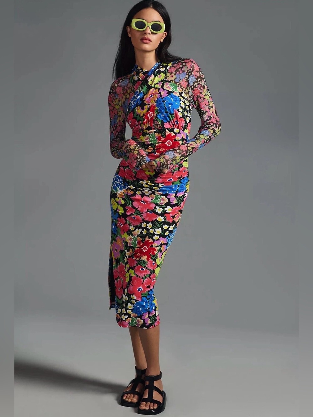 Anthropologie Mesh Halter Mock-Neck Dress Floral Bodycon Midi size M